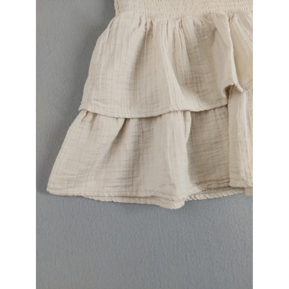 Universal Women Mini Skirt XS Beige 100% Cotton Tiered Ruffle Smocked Waist Boho